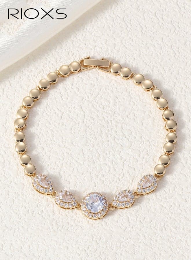 Round Cubic Zirconia Bracelet for Women, Rose Gold Plated Brass Link Chain Bracelet Jewelry Gift for Prom Wedding Party