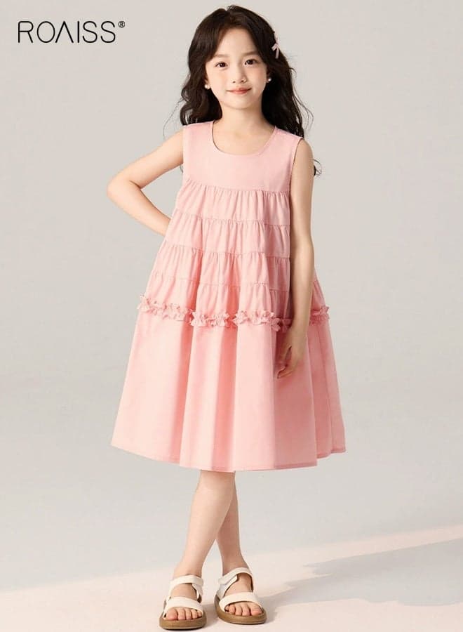 Girls Stylish A Line Dress, Sleeveless Round Neck Dress for Girls, Elegant Chic Frock with Ruffled Design, Suitable for Daily Wear, Vacations, Birthday Parties or Any Occasion