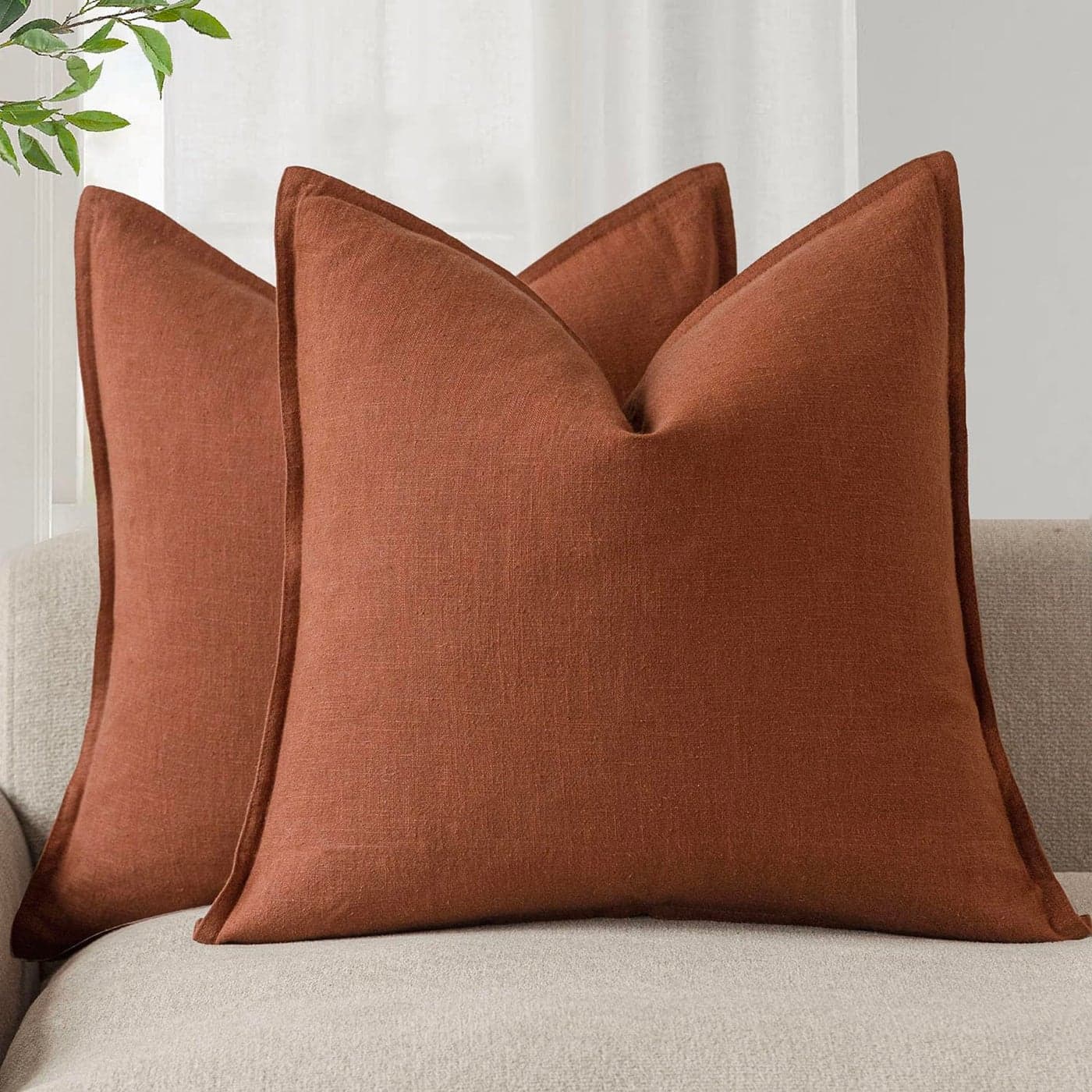 Foindtower Pack of 2 Decorative Linen Soild Throw Pillow Covers Soft Accent Cushion Case Farmhouse Neutral Pillowcase for Chair Couch Sofa Bedroom Living Room Home Decor 16 x 16 Inch Fall Rust Orange
