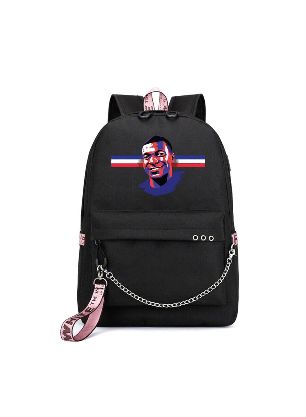 Football Super Hero Mbappe Printed Backpack-Perfect For Football Sports Fan For School-Travel Bag With Charging Port For Boys-Black