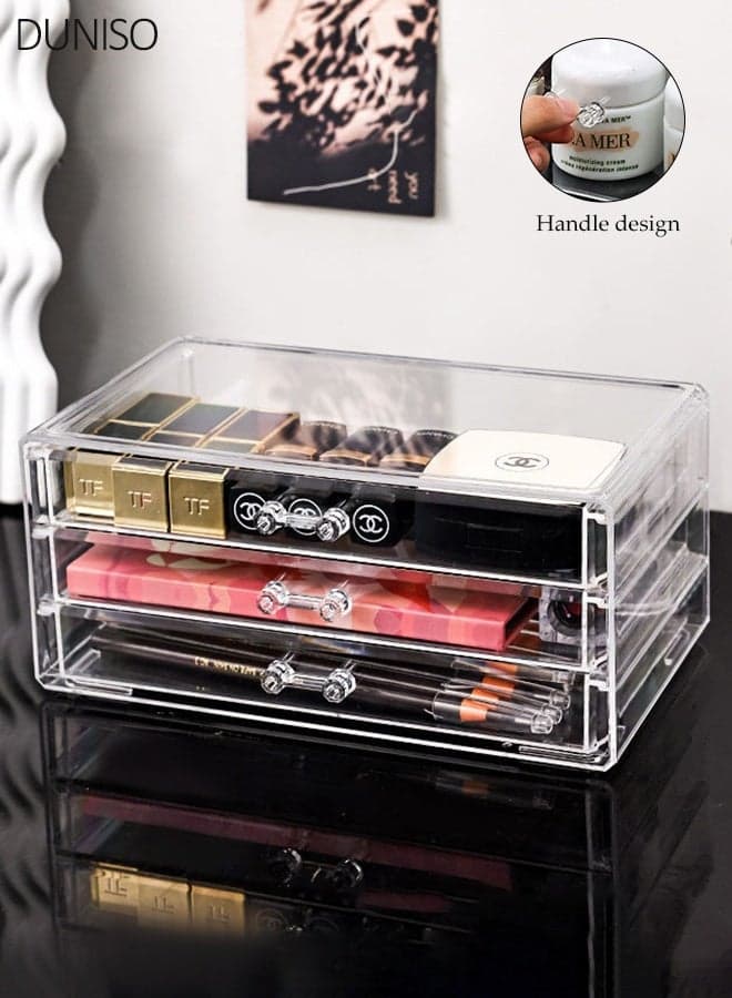 3 Drawer Acrylic Jewelry Organizer, Earring Storage Box,Cosmetic Organizer for Eyeshadow Palettes, Lipstick, Perfume, Mask ,Transparent Display Stand for Earrings, Rings and Small Accessories, Perfect Gift for Women