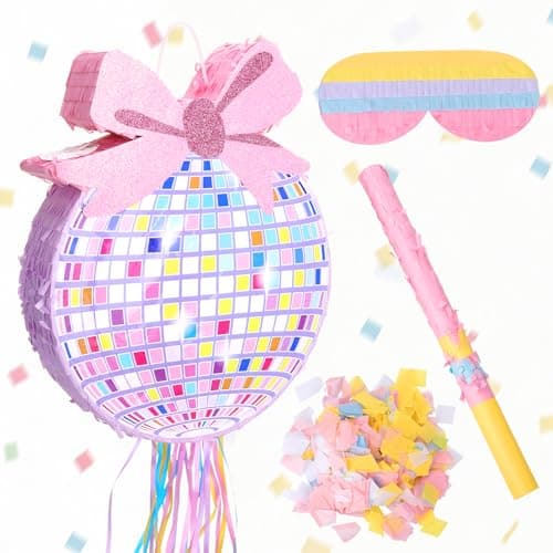 Guiqulai Disco Ball Piata with Bow Design Disco Ball Party Supplies with Piata Blindfold Bat Confetti for Birthday Party Supplies 1496x12x276 Inches