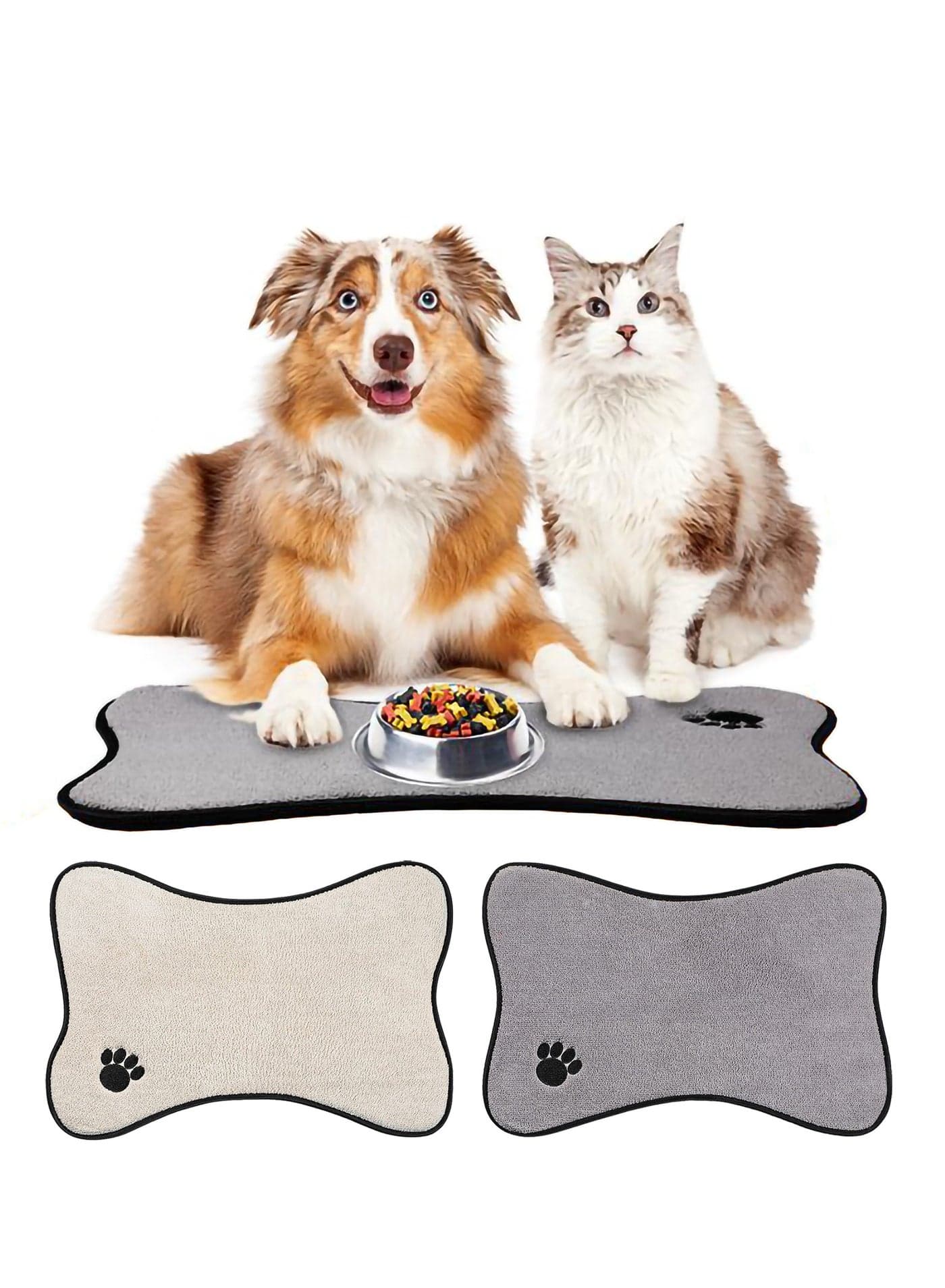 2Pcs Dog Mat for Food and Water Bone Shape Dog Cat Mats Non-Slip Pet Feeding Mat for Under Dog Bowls Embroidered Microfiber Pet Bowl Mat Water Absorbent Cat Feeding Mat for Dog Pet Supplies 2 Colors