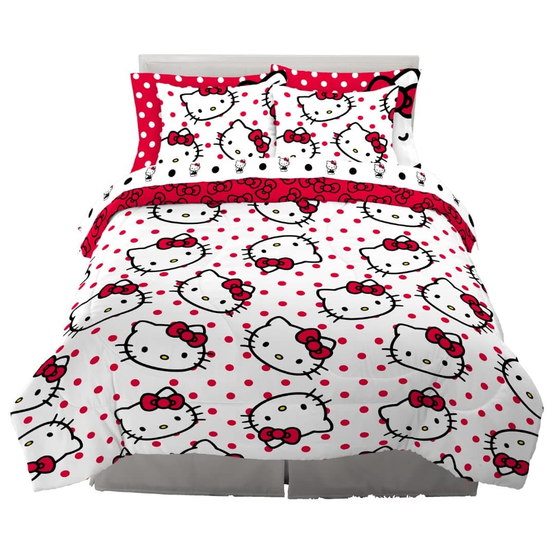 Franco Collectibles Hello Kitty Polka Dot Bedding 7 Piece Super Soft Comforter and Sheet Set with Sham Full Official Licensed Product
