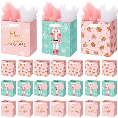 Aliceset 24 Pack Mini Pink Christmas Gift Bags with Handles Extra Small Nutcracker Christmas Gift Bags with Tag Tissue Paper Gingerbread Assorted Styles 45x4x275 for Holiday Presents Giving Retail