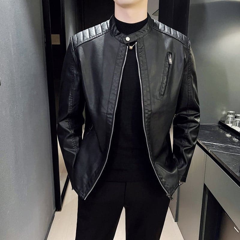 Men'S Leather Jacket Autumn New Korean Style Slim-Fit Trendy Youth Handsome Fashion Casual All-Match Stand Collar Soft Leather Jacket