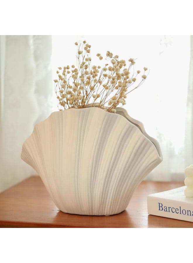 Coastal Shell-Shaped Ceramic Vase for Living Room, Modern Home Decor, Unique Farmhouse Aesthetic, Shelf and Centerpiece Table Decor