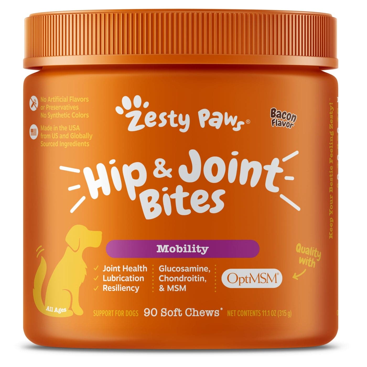 Zesty Paws Hip and Joint Supplement for Dogs - Glucosamine with Chondroitin, MSM, Vitamins C and E Dog Joint Relief - Mobility Bites Bacon – 90 Count