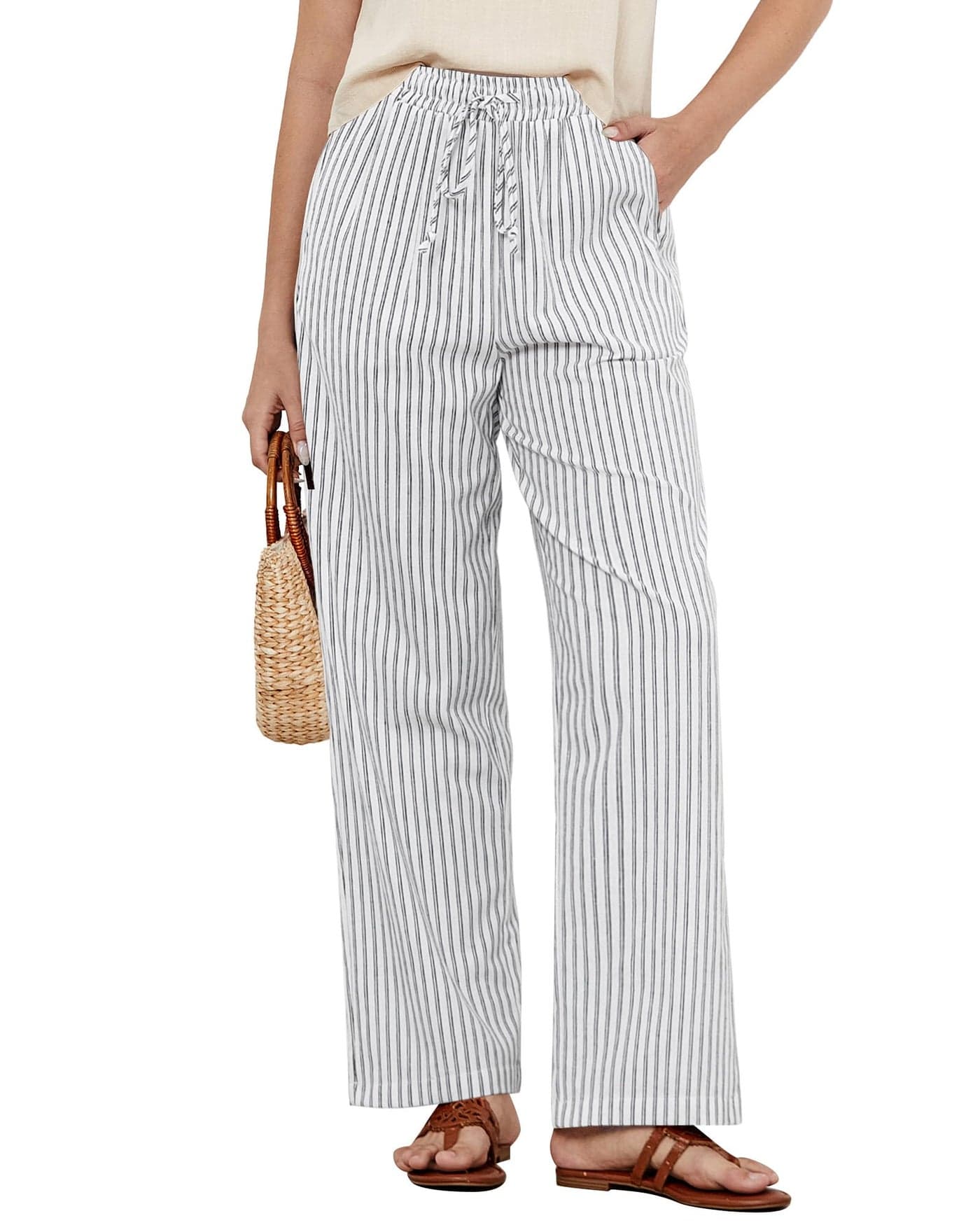 GRAPENT Womens White Pants Women's White Linen Wide Leg Pants Flowy Linen Women Comfy Flowy Wide Leg Black Stripe Size Small US 4 to 6