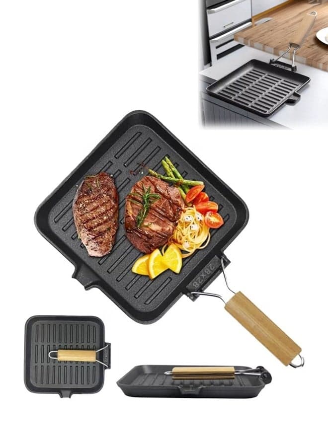 Striped Griddle Pan with Folding Wooden Handle ,28cm Flat Bottomed Meat Pan,Cast Iron Non Stick Grill Pan for Gas and Induction Hobs and Ideal for Camping, BBQ