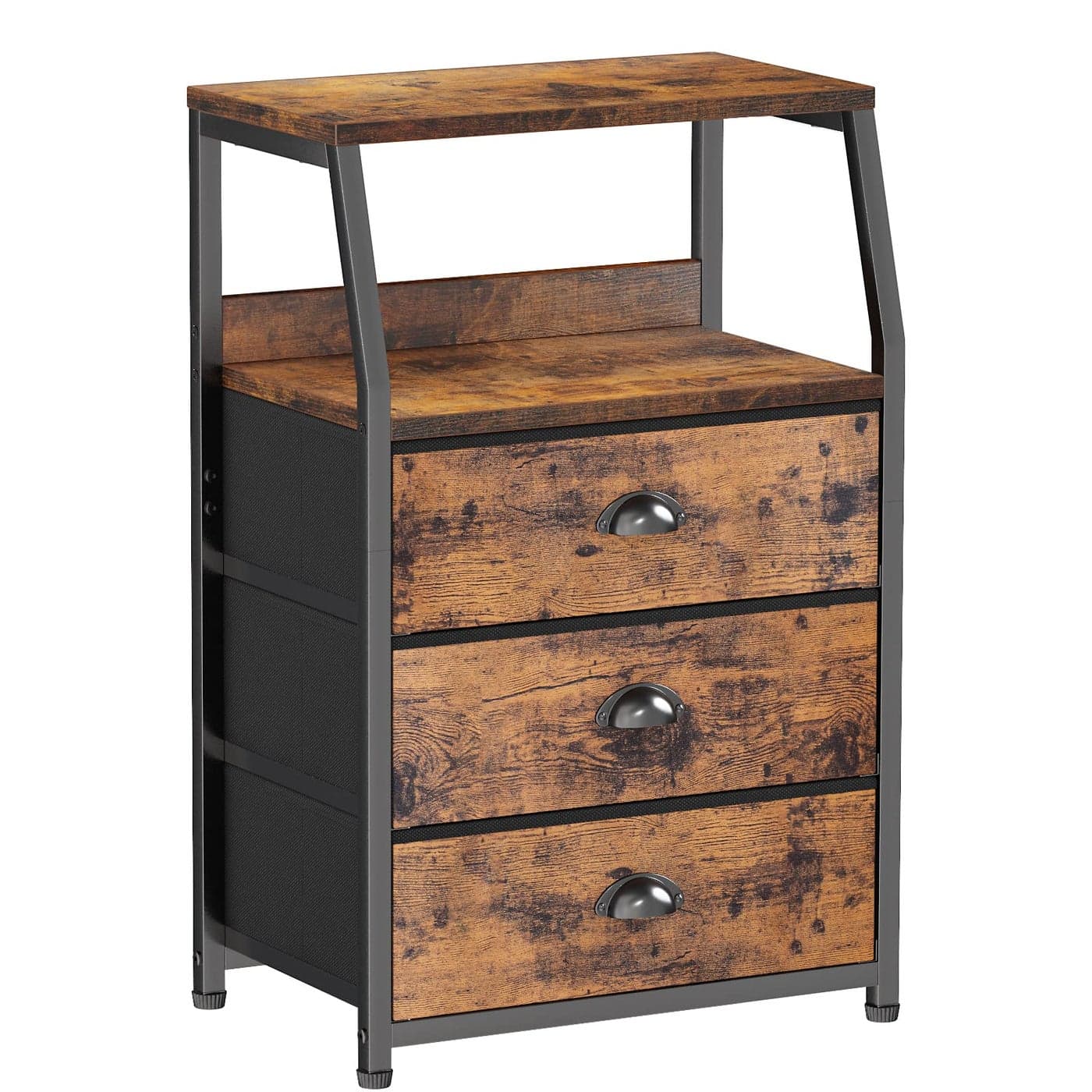 Furnulem Nightstand with 3 Drawers and 2Tier Shelf Fabric Small Dresser Organizer Vertical Storage Tower for Bedroom Closet Hallway Nursery End Table Side Furniture Sturdy Steel Frame Wood Top