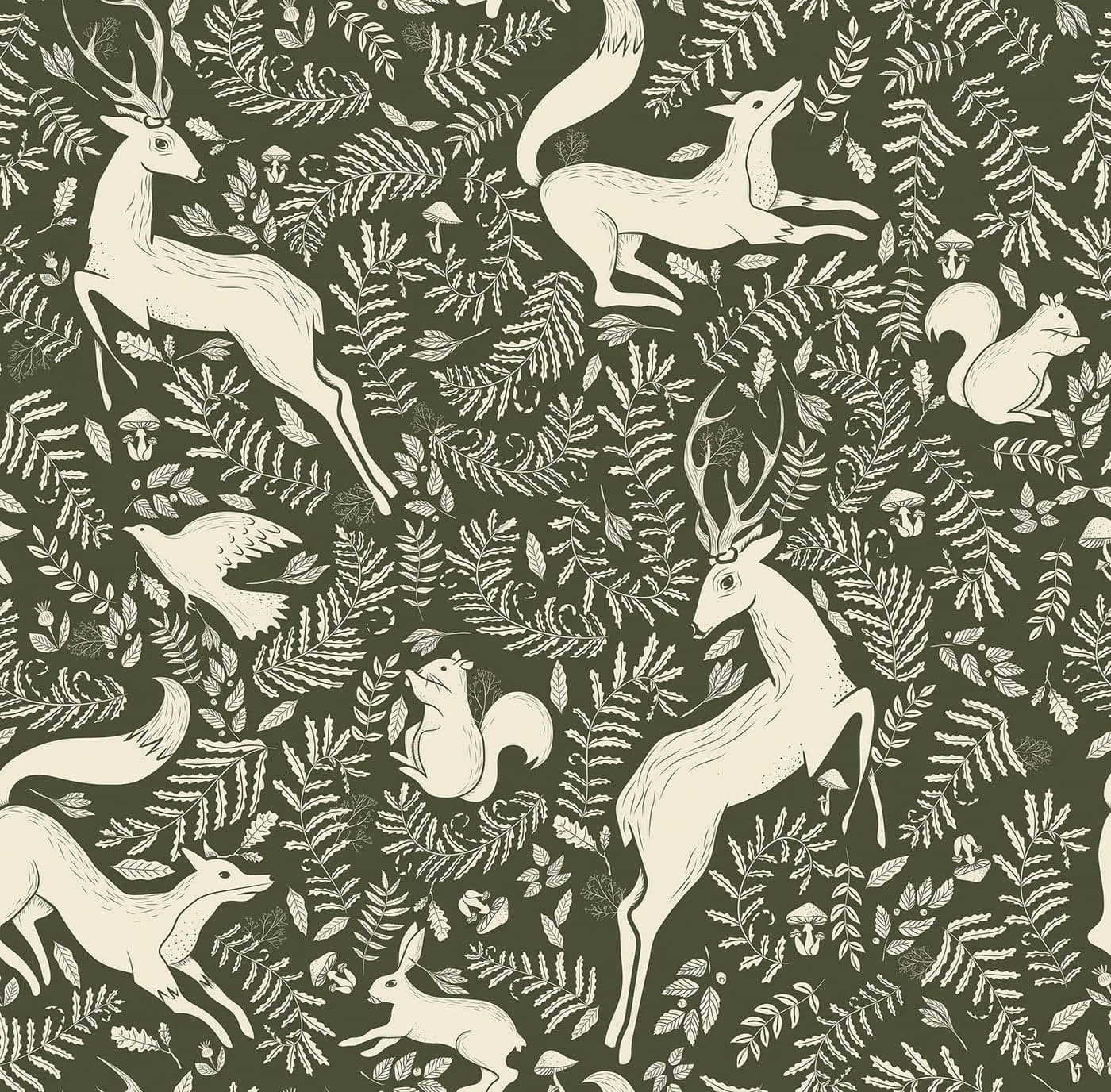 Livelynine Green Animal Wallpaper Peel and Stick Vintage Woodland Wall Paper Removable Whimsical Forest Animals Mural Self Adhesive Dark Green Sage Fairy Woodland Contact Paper for Cabinets 17.5x78.8