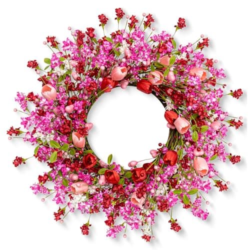 Yawwind 22 Inches Valentine Wreath Red Valentines Wreaths for Front Door Valentine's Day Flower Wreath with Tulips Heart Berry for Window Porch Indoors Outside