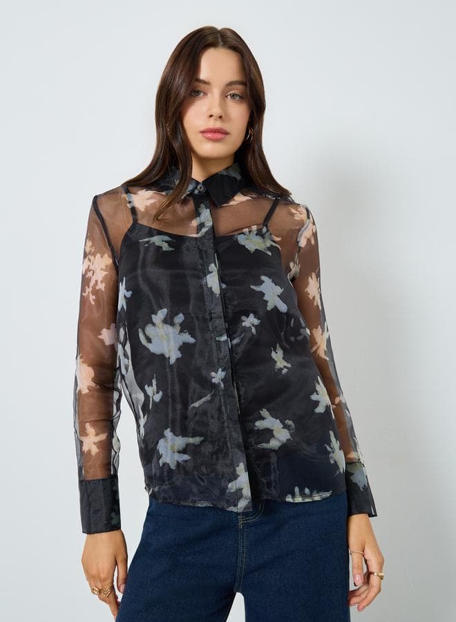 Black Floral Sheer Long Sleeve Shirt