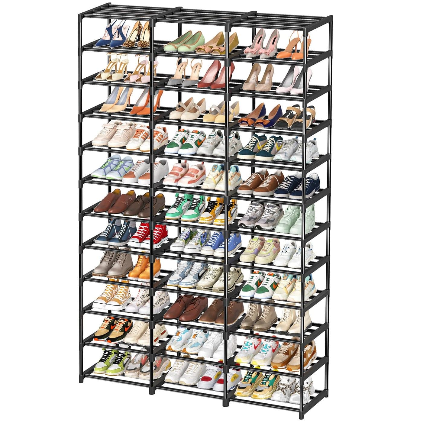 Ekisemio Shoe Rack Large Capacity 72 Pairs Tall Shoe Shelf 3 Row 12 Tiers Sturdy Metal Shoe Organizer for Entryway Closet Bedroom Black