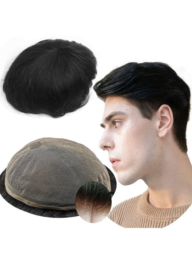 Toupee for Men men hair pieces Mens Toupee Human Hair Replacement System mens lace hairpiece 100% European Real Human Hair Men Breathable Fine French Lace Hair System (#1B Off Black, 8x10)