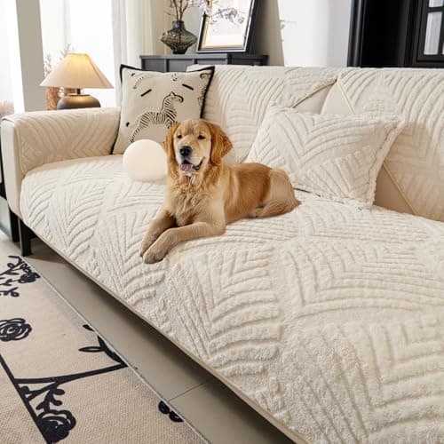 PJLZJFBY Sectional Couch Cover, Non-Slip Sofa Cover Plush Warm, Funny Fuzzy Pet Couch Covers for Sofa(Large 4 Seater), Leaf Pattern Couch Protector for Dogs Washable(1PC, Beige White, 35.4"×94.5")