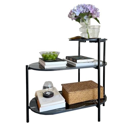TARKAN Living Room End Table, 3 Tier Sofa-Side Wooden Table Marble Finish with Metal Frame (Black)
