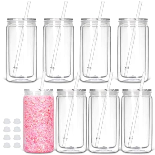 Tswofia 8 Pack plastic Snow Globe Tumbler, 16 Oz Double Wall Plastic Can with Lid and Straw, Plastic Mason Jar Mug for Snow Globe Glitter DIY Gift (Clear)