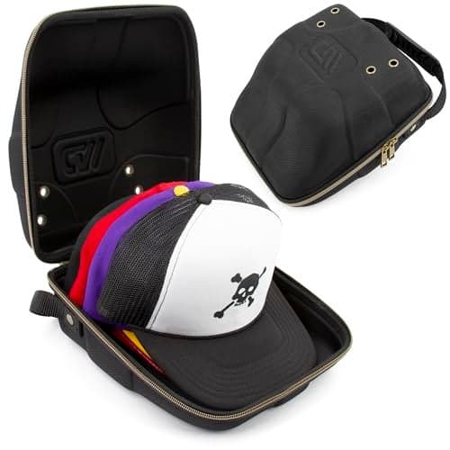 CASEMATIX Hat Travel Case for up to 3 Baseball Caps with Crush-Resistant Hard Shell Outer, Metal Travel Carabiner and Comfortable Handle - Portable Hat Case Carrier for Travel and Hats Storage