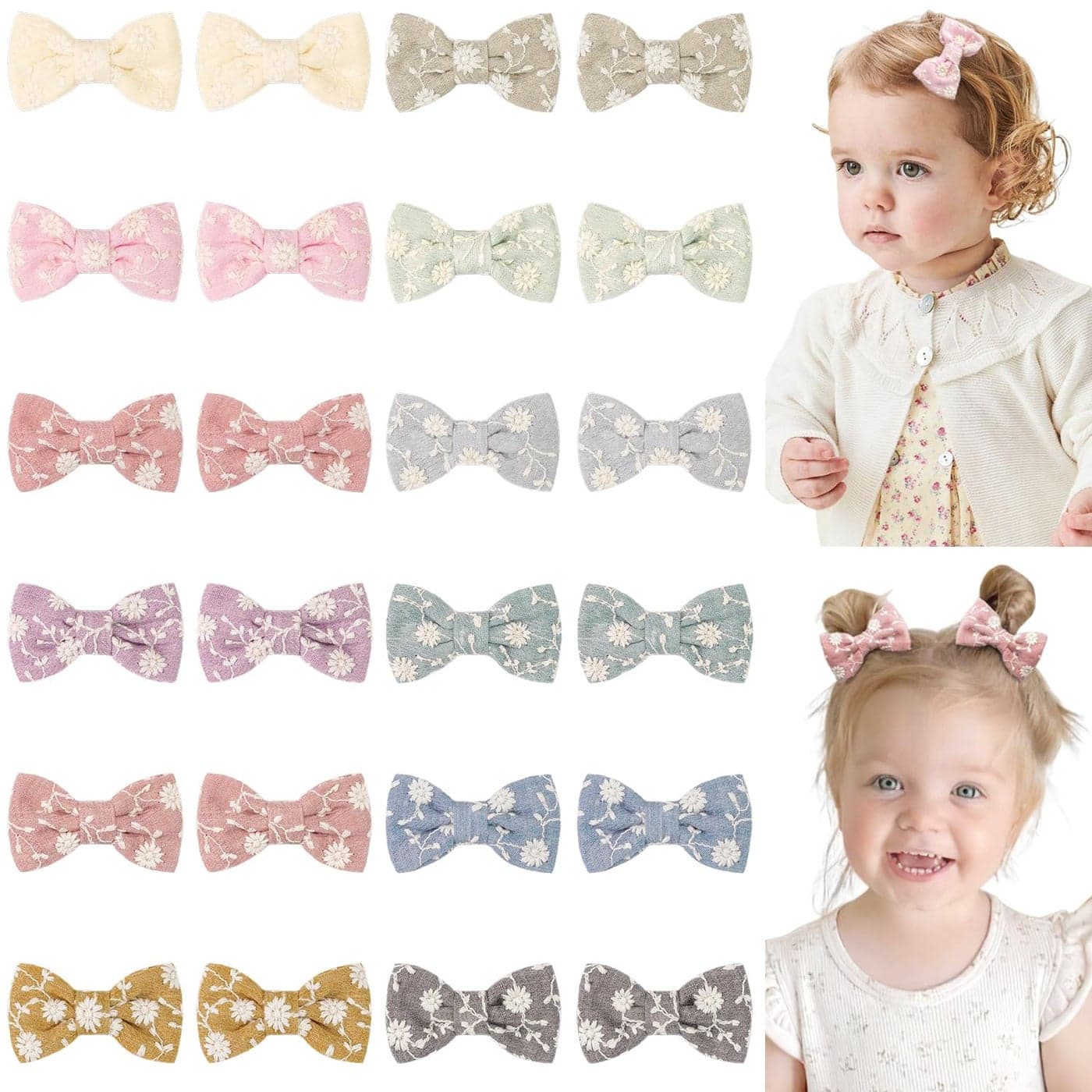 DED 24PCS 2 Baby Girls Hair Bow Clips Fine Hair Cotton Fully Lined Embroidery Baby Hair Barrettes Accessories for Infants Toddlers