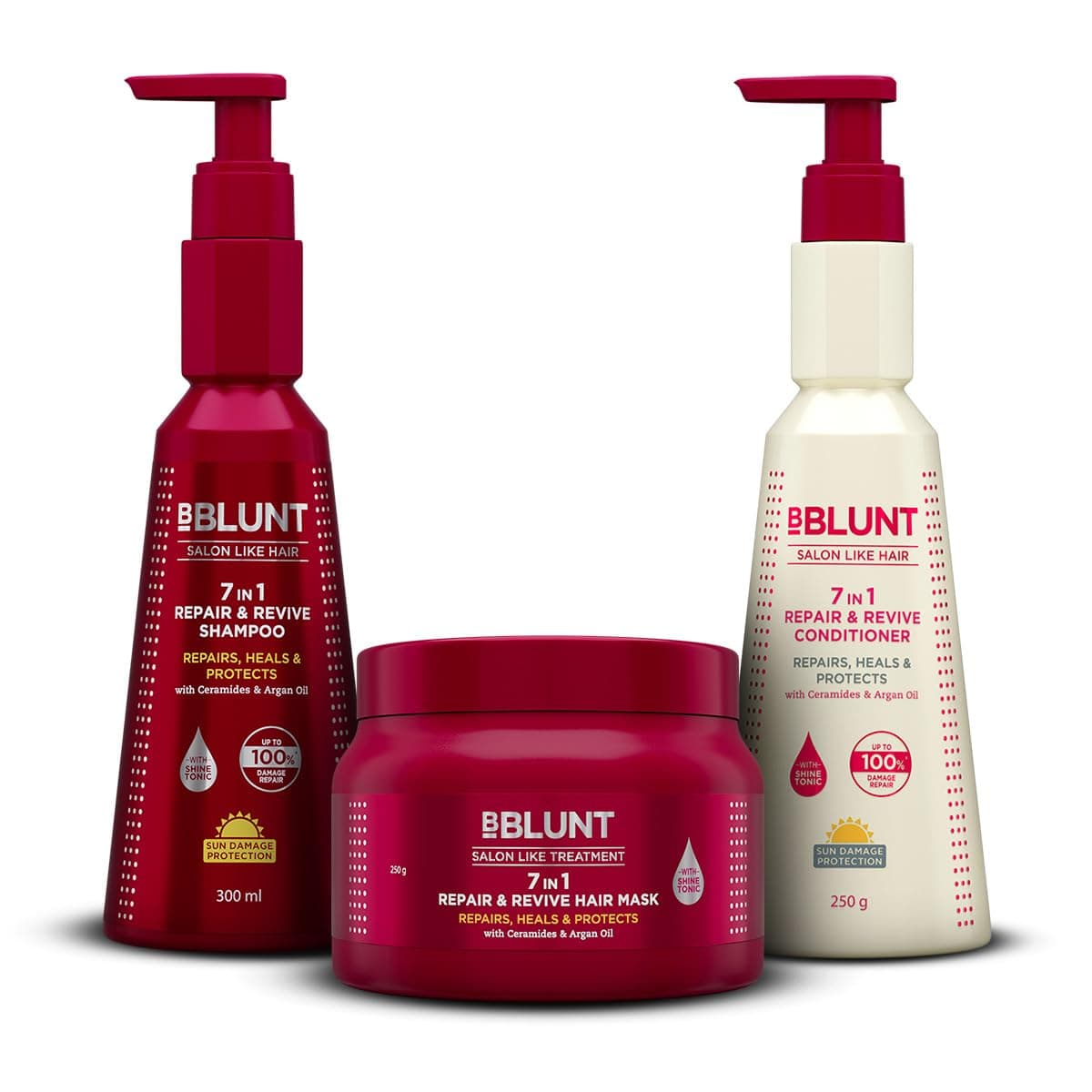 BBlunt 7 in 1 Repair Revive Hair Combo Shampoo Conditioner Hair Mask Adresses 7 Signs of Hair Damage Enriched with Ceramides Argan Oil For Men Women 300 ml 250 g 250 g
