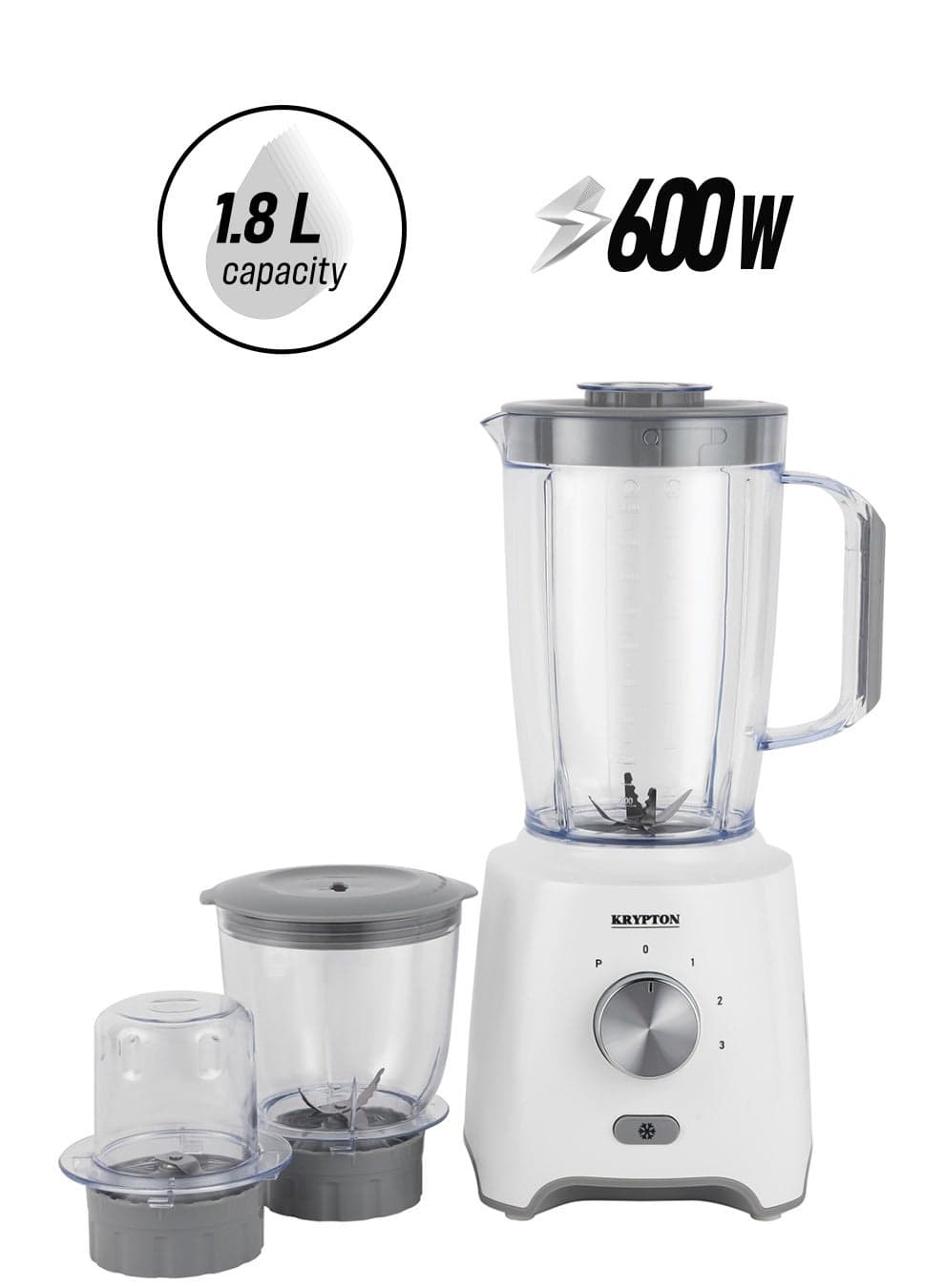 3-In-1 Blender With Unbreakable Jars, Stainless Steel Blade, 600W Powerful Motor with 3 Speed Setting and Pulse 1.8 L 600 W KNB6029 White/Grey