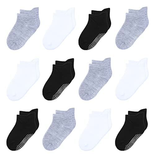 HYzgb Kids Socks Boys 5-6-7 Years Old with Non Slip Grips 12 Pairs Cotton Toddler Ankle Grippy Socks for Little Boys Girls Children 5T-6T-7T Birthday Gifts Black/White/Grey
