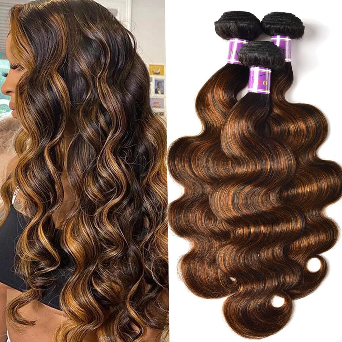 UNice Brown Highlight Body Wave Human Hair Weave 3 Bundles 10 10 10 inch Brazilian Remy Hair Ombre Blonde Human Hair Wavy Weaves Sew in Piano Color