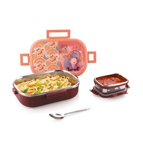Attro Food Time Deluxe Stainless Steel Lunch Box with 1 Small Container & Eyecatchy Prints Airtight & Spillproof - 750ml+250ml Unicorn Brown Peach
