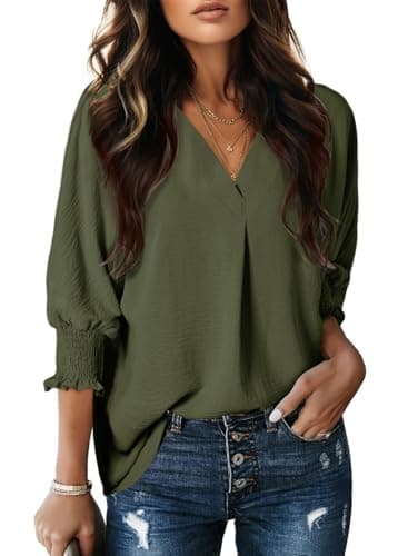 Dokotoo Women Blouses Fall Tops for Women 2025 Fashion V Neck Business Casual Outfits 3/4 Length Sleeve Womens Tops Dressy Plus Size Spring Clothes Loose Jungle Green Blouses for Women's Clothing L