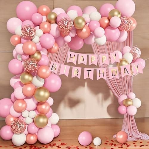 Toys Treasure We Deliver Smiles 57Pcs Rose Gold Pink Balloon Garland Kit with Card Birthday Banner for Girls 1st Birthday Party Decorations
