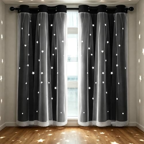 Kinryb Kids Blackout Curtains for Bedroom 84 Inch Long Curtain Mix and Match Curtain with White Sheer for Nursery Thermal Insulated Drape for Living Room 42" W x 84" L Black Set of 2