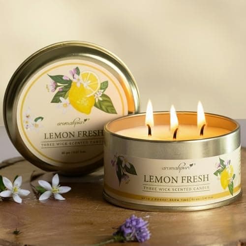 Aromahpure Lemon 3 Wick Candle in Container with Lid | 85g | Burn Time 7 Hours | Scented Candle | Relaxing Aromatherapy Candles for Home Décor, Gifting, Bedroom & Spa