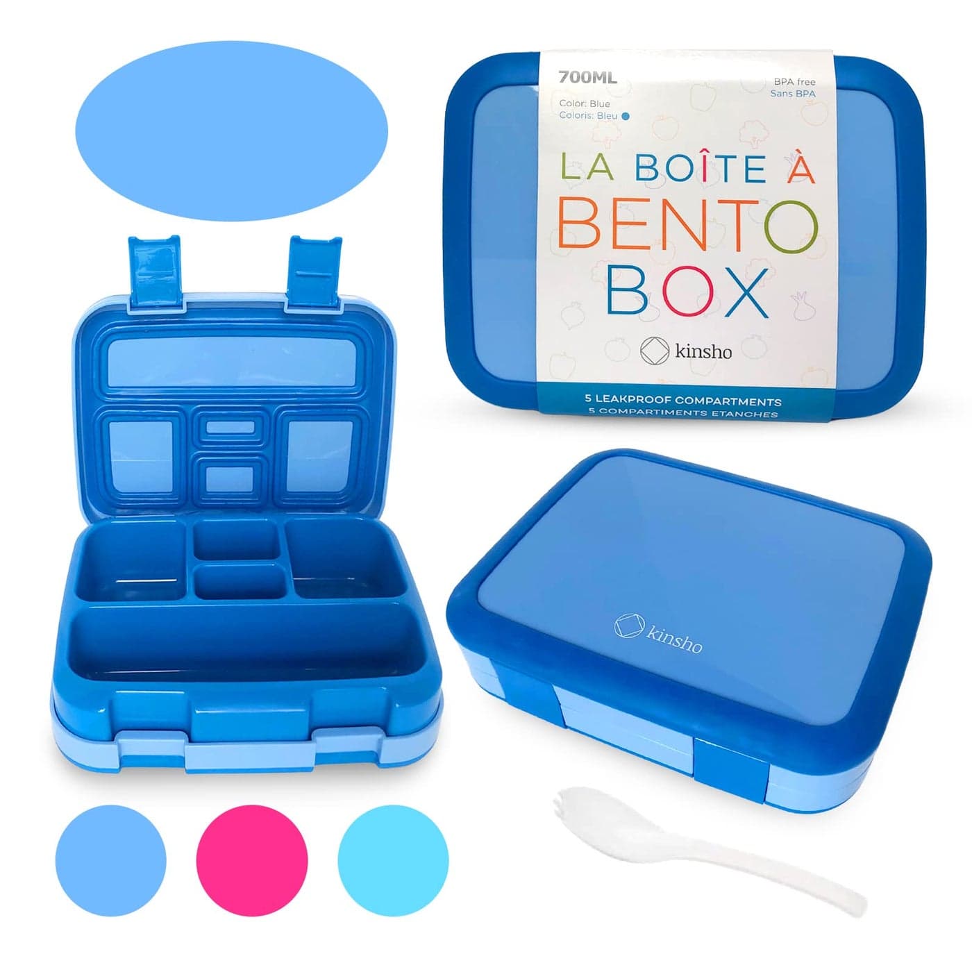 kinsho Bento Lunch Box for Kids Toddlers Boys 5 Portion Sections Secure Lid Microwave Safe BPA Free Removable Tray PreSchool Kid Daycare Lunches Snack Container Ages 3 to 5 Blue