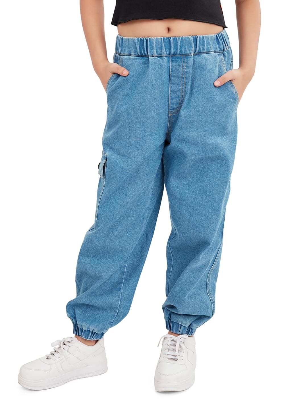 olele® Girls Jackson Joggers Cotton Denim Mid Rise Jeans Regular Fit Stretchable (Elasticated Waist) - Indigo Blue, Tailored For 4 To 14 Years Kids - 12-14 Yrs