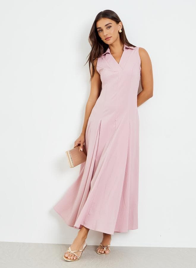 Pink Open Collar Fold Pleat Maxi Dress
