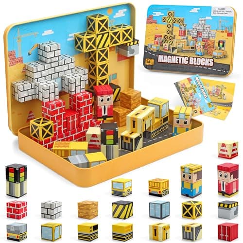CREAFOMIFE 54 Pcs Mini Magnetic Blocks Travel Toys with Portable Iron Storage Box for Kids 3 Construction Themed Toddler Magnetic Cubes for Airplane Car Ride