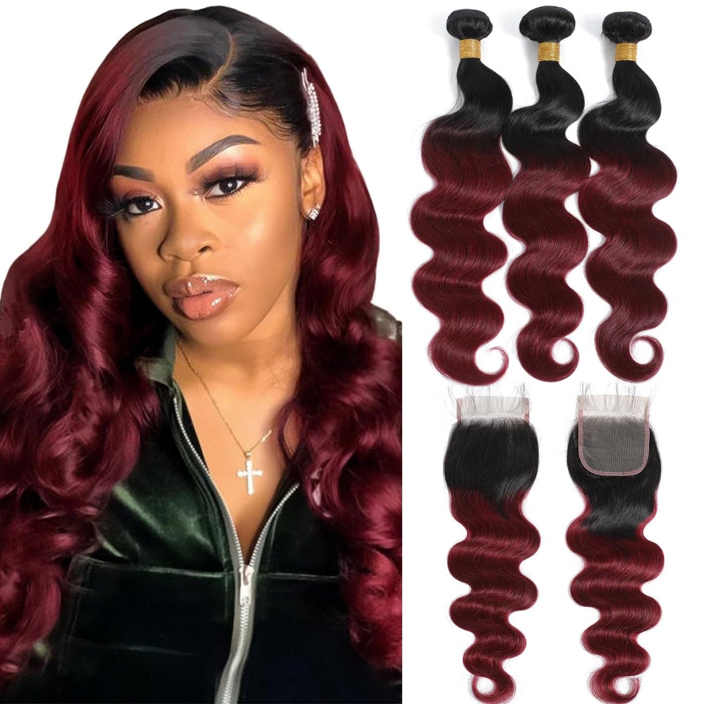 Kapelli Hair 10A Ombre Brazilian Human Hair With Closure 18 20 2216 Brazilian Body Wave with Closure 2 Tone Black to Burgundy Human Hair Weave