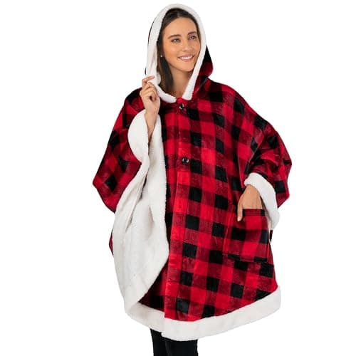 PAVILIA Hooded Blanket Poncho, Women Sherpa Fleece Shawl Wrap with Hood, Wearable Blanket Cozy Warm Poncho Cape Throw with Pockets, Gift for Elderly Mom, Black and Red Buffalo Plaid Checkered
