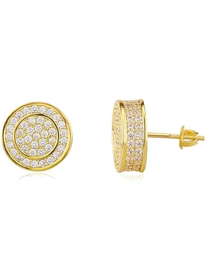 Screw Back Earrings 14K Golden Plated 5A+ Cubic Zirconia Cluster Round Screw On Stud Earrings For Men Women Aretes De Hombre