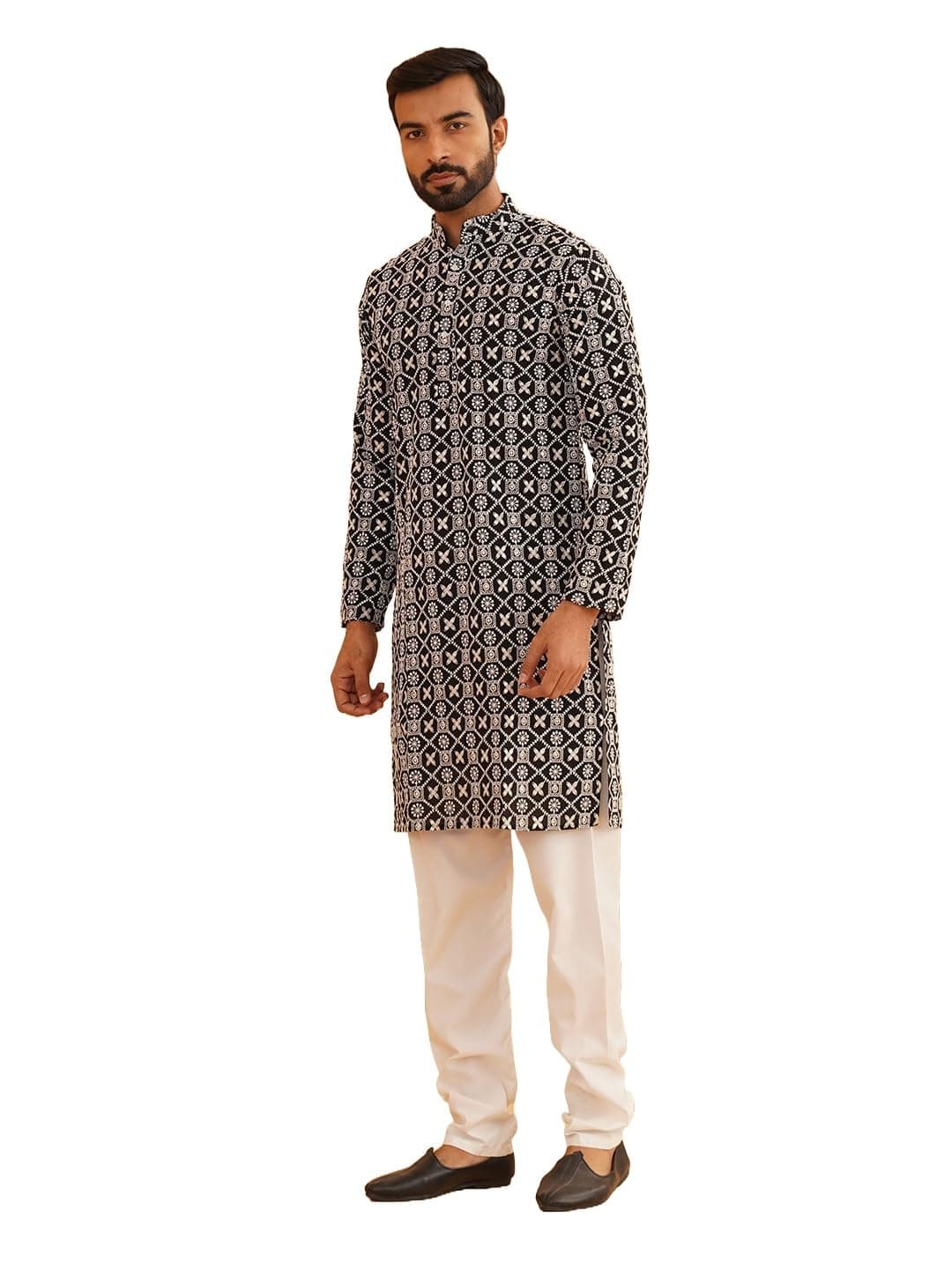 SOJANYA (Since 1958 Men's Cotton Gold Sequence Embroidered Black Kurta with white Churidaar Pyjama