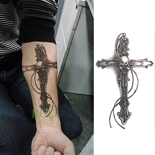 3D Temporary Tattoo Waterproof Sticker Beautiful Black Big Skull Cross Popular New Designs Size - 21x15cm (838)
