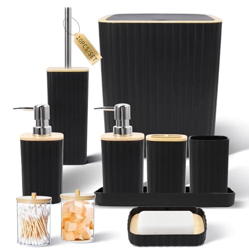 XLHOMO Bathroom Accessories Set Elegant Black Bathroom Set 10PC Bathroom Accessory Set Toilet Brush Trash Can Qtip Holder Dispenser Soap Dispenser