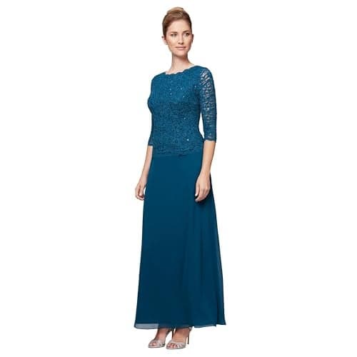 Alex Evenings Women's 3/4 Sleeve Stretch Lace Bodice One Piece Mother of The Bride Dress, Peacock, 16P