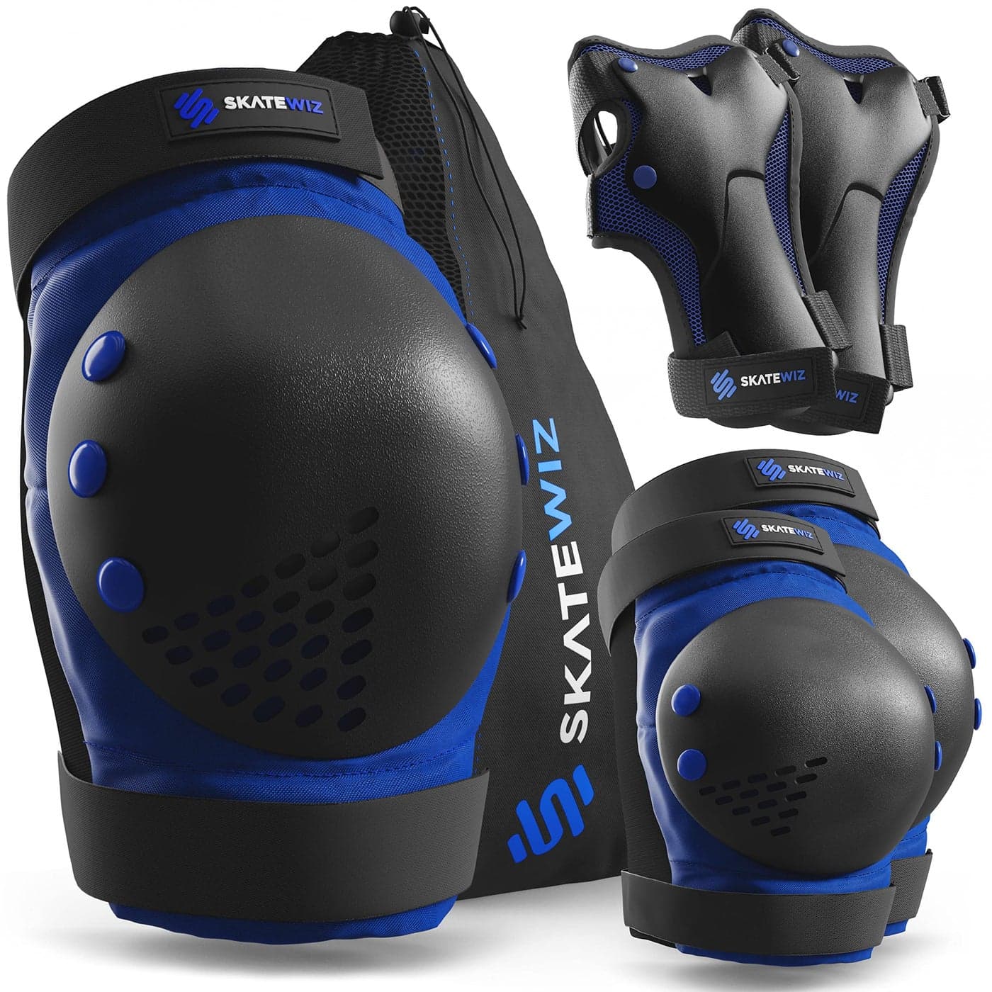 SKATEWIZ Girls Knee Pads and Elbow Pads Set Wrist Guards for Skating SMASH Size S Blue Black Knee Pads for Kids Roller Skates Scooter Skateboard Pads for Kids 814