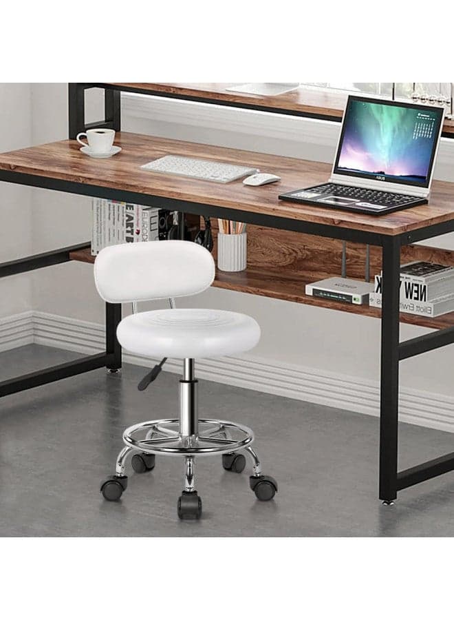 KKTONER PU Leather Modern Rolling Stool with Low Back Height Adjustable Work Salon Drafting Swivel Task Chair with Footrest (White)