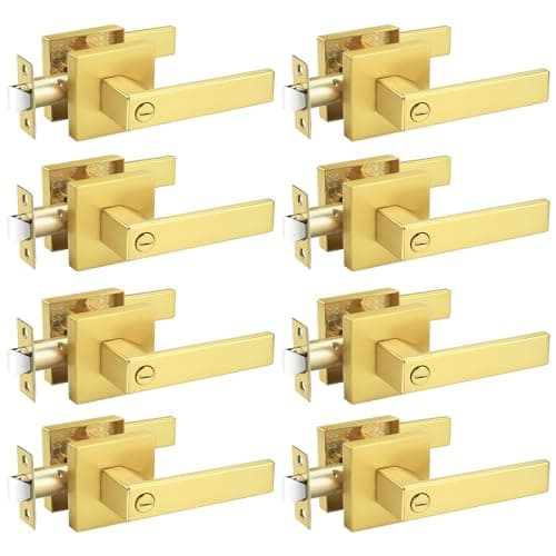 Probrico 8 Pack Gold Privacy Door Handles,Heavy Duty Satin Brass Door Knobs with Lock for Bedroom and Bathroom,Square Interior Keyless Locksets