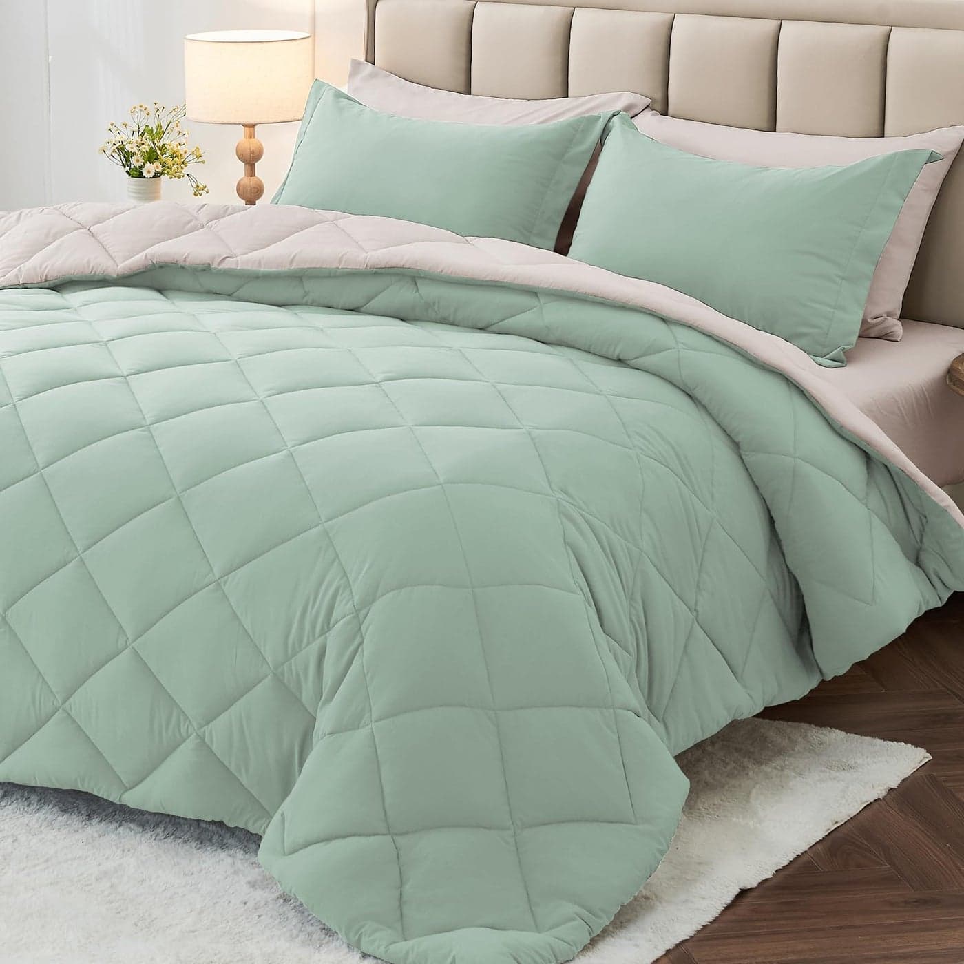 MUXHOMO 7 Pieces Queen Comforter Set Reversible Bed in a Bag Queen Size All Season Bedding Set with Comforter Flat Sheet Fitted Sheet Pillowcases Shams Sage Green Beige