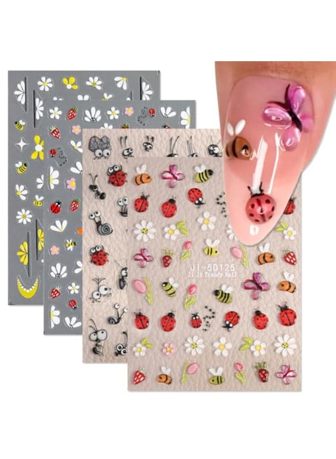 Cute Bee Ladybug Ant Nail Art Stickers 4 Sheets 5D Embossed SelfAdhesive Nail Decals Flowers Daisy Butterfly Strawberry Nail Designs for Women Girls DIY Manicure Decorations